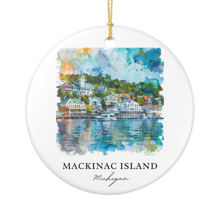 Mackinac Island Michigan ceramic ornament featuring the waterfront, colorful Victorian homes, and harbor in a timeless watercolor design.