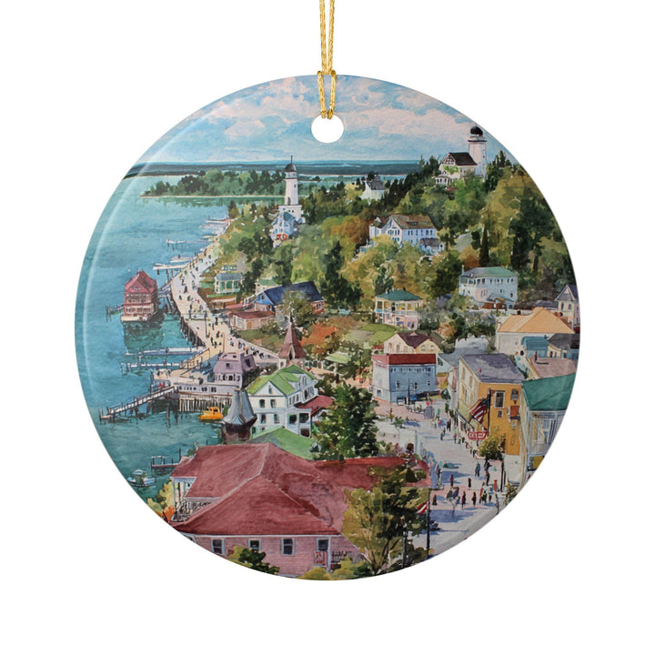 Mackinac Island Michigan ceramic ornament featuring Main Street, the waterfront, charming Victorian homes, and island landmarks.