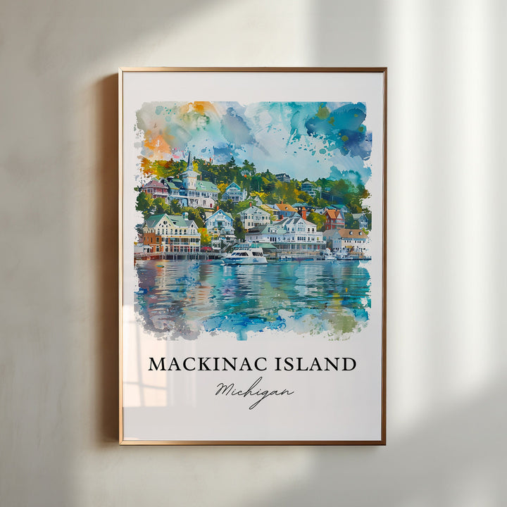 Mackinac Island Michigan watercolor wall art featuring the waterfront, colorful Victorian homes, and harbor in a timeless watercolor design.