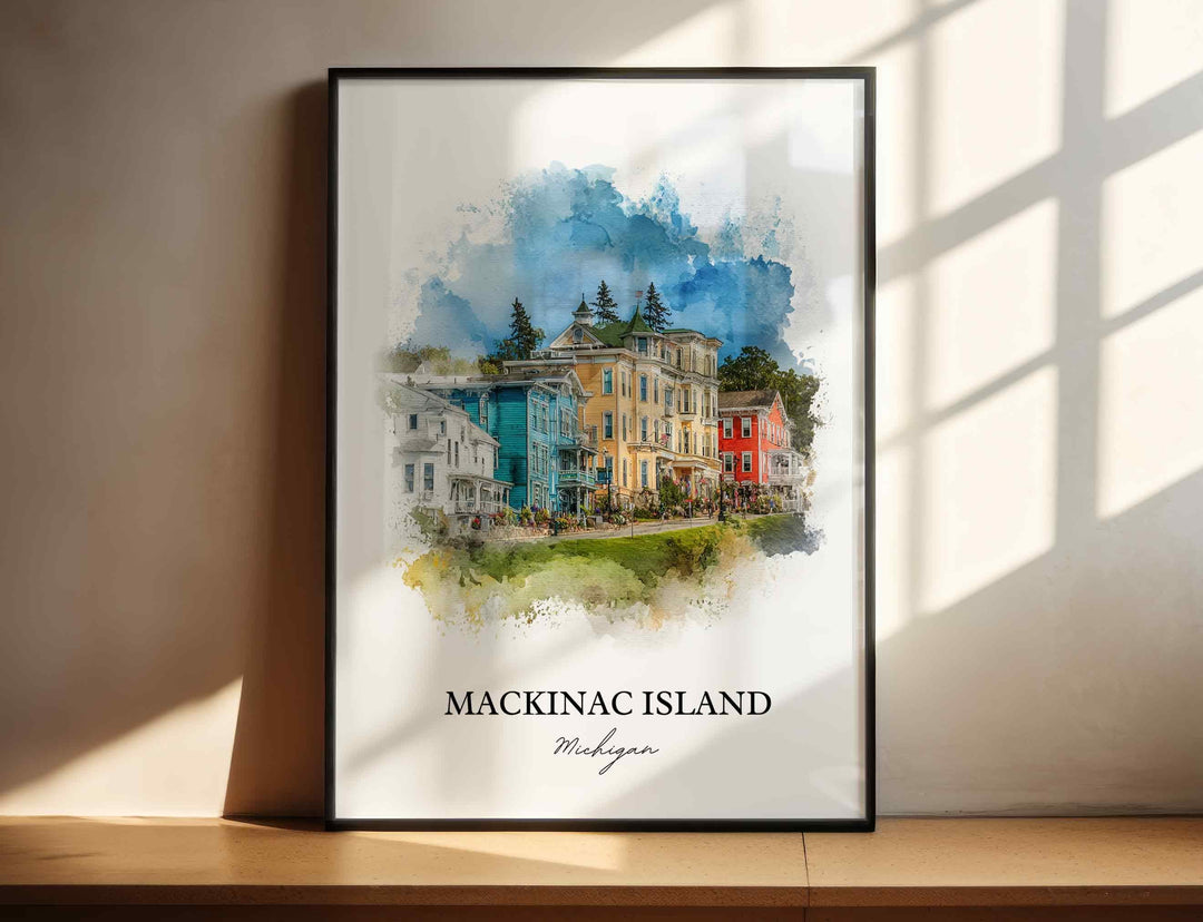 Mackinac Island Michigan watercolor wall art featuring colorful Victorian homes and vibrant watercolor detail in a timeless island design.