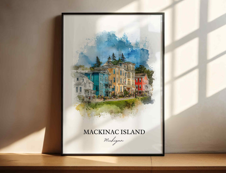 Mackinac Island Michigan watercolor wall art featuring colorful Victorian homes and vibrant watercolor detail in a timeless island design.