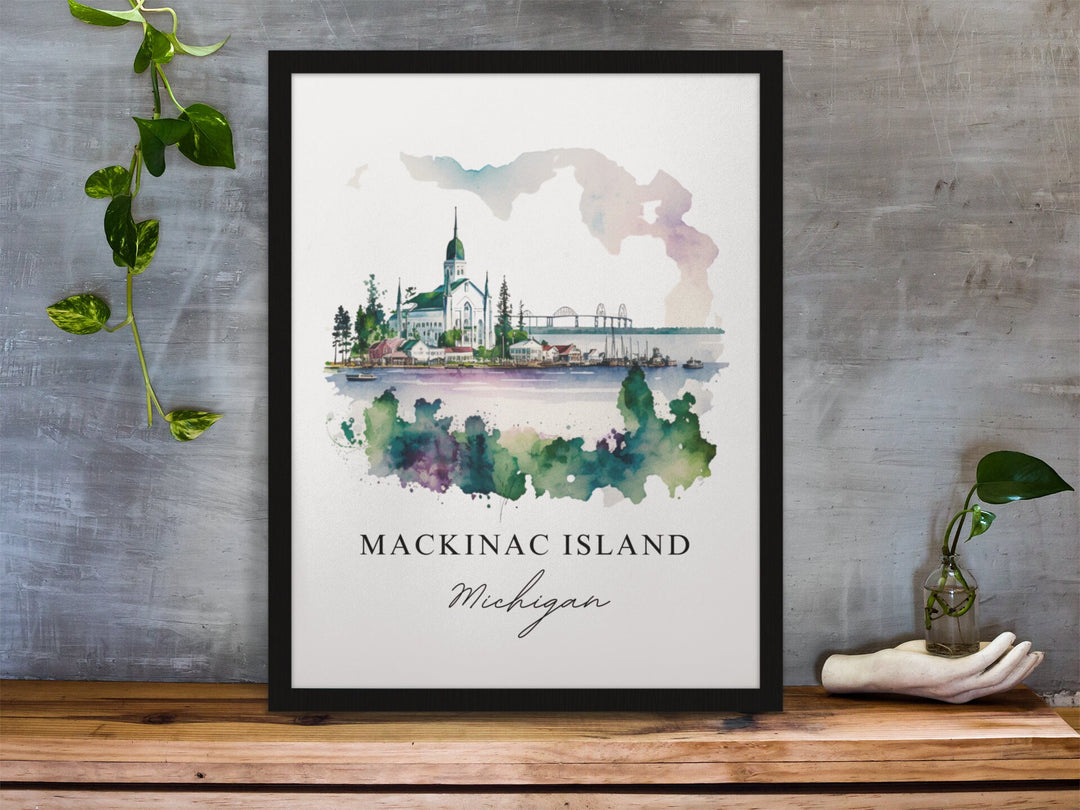 Mackinac Island Michigan watercolor wall art featuring the island skyline, waterfront, and Mackinac Bridge in a timeless watercolor design.
