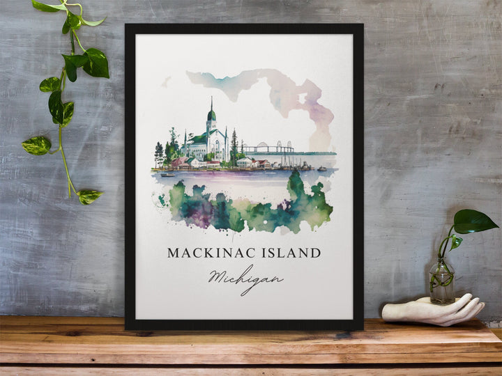 Mackinac Island Michigan watercolor wall art featuring the island skyline, waterfront, and Mackinac Bridge in a timeless watercolor design.