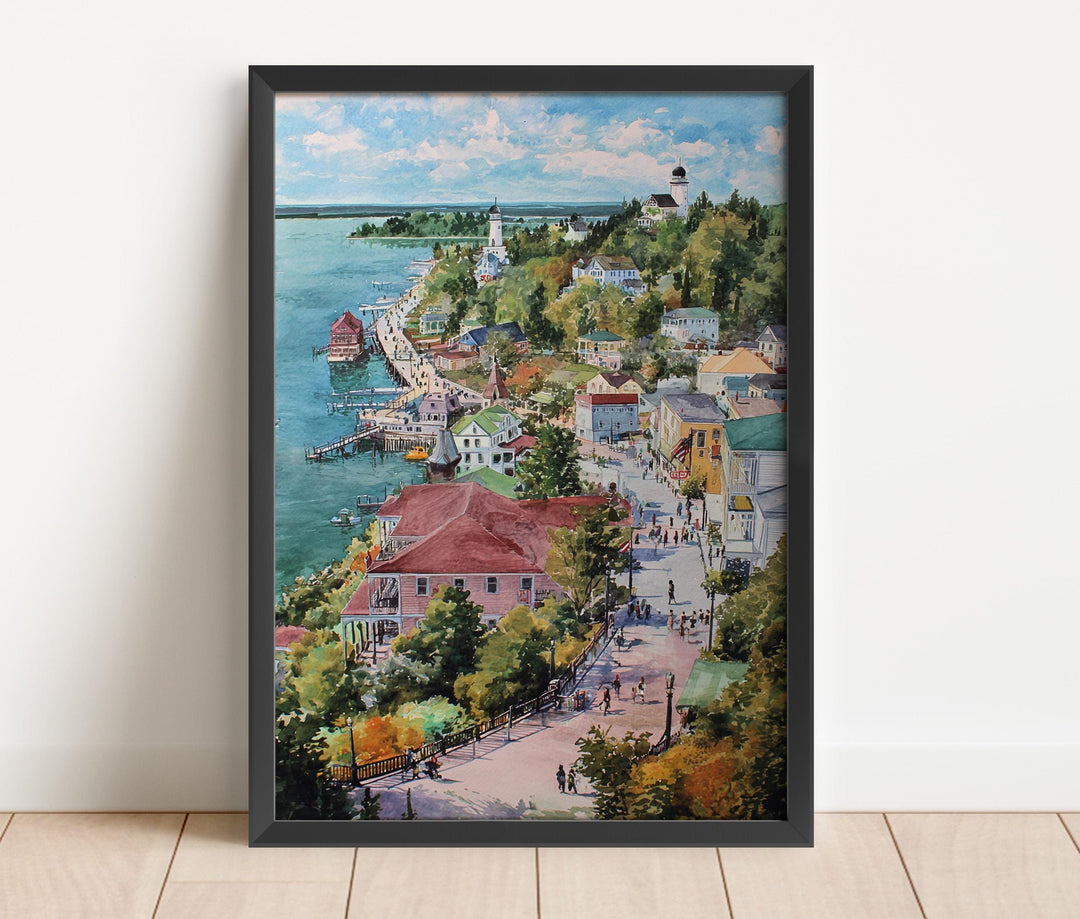 Mackinac Island Michigan watercolor wall art featuring Main Street, the waterfront, charming Victorian homes, and island landmarks.