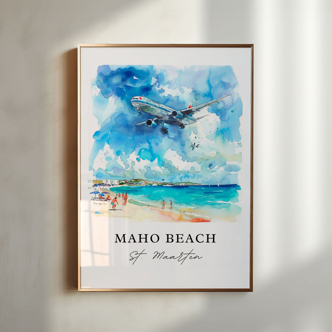 Maho Beach St. Maarten watercolor wall art in a gold frame featuring a jet soaring above turquoise waters, white sand, and vibrant tropical skies.