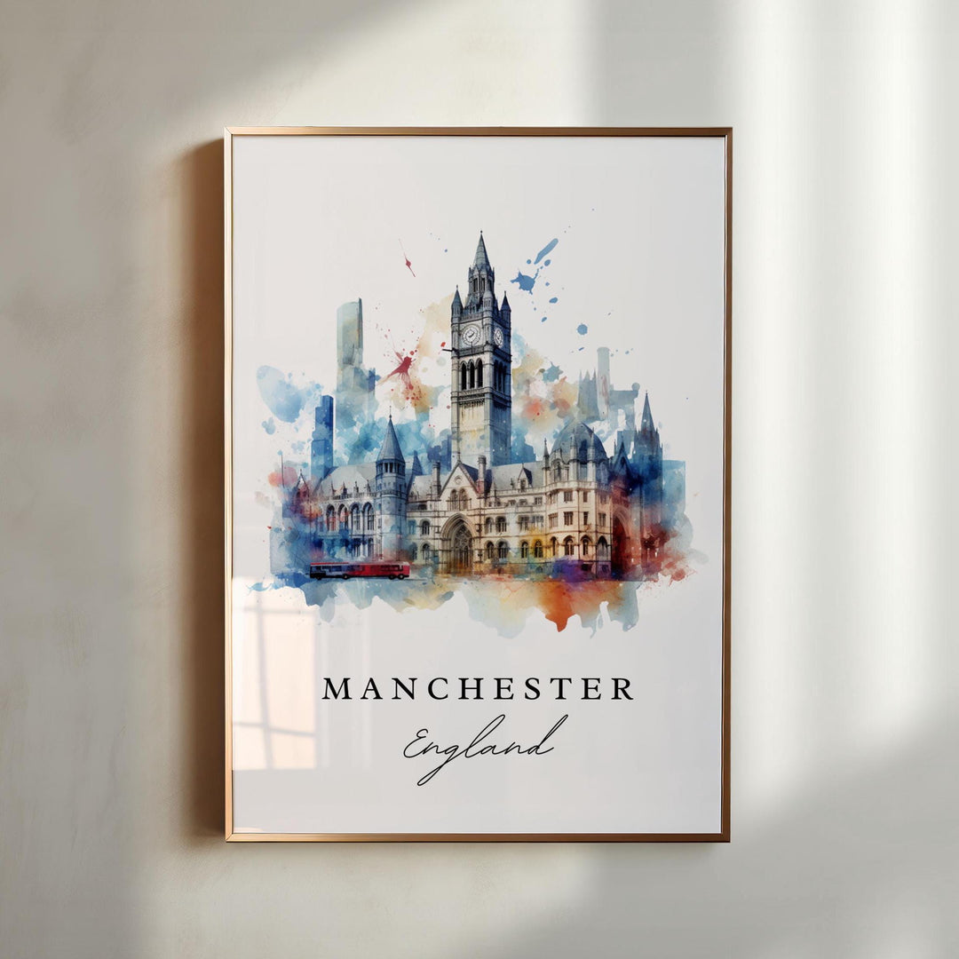 Manchester England watercolor wall art in a gold frame featuring the historic Town Hall, colorful watercolor splashes, Gothic architecture, and a classic city skyline.