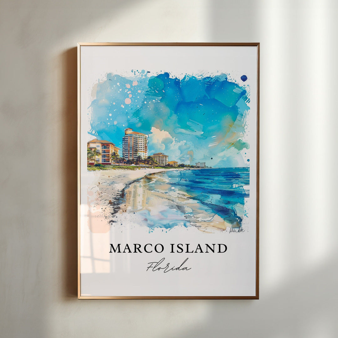 Watercolor Marco Island beachfront wall art in a light wood frame featuring white sand beaches, turquoise Gulf waters, and a sunny Florida coastline.