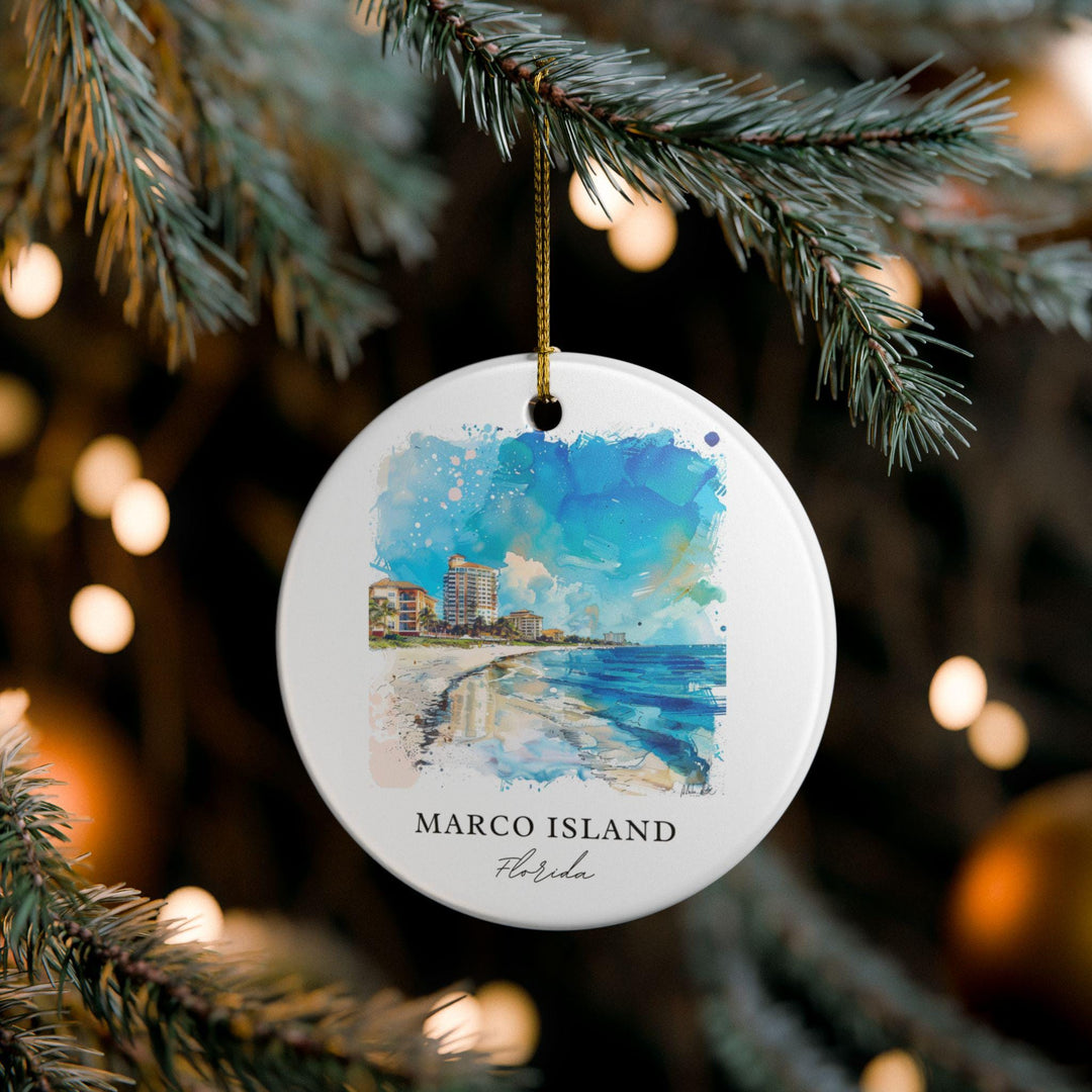 Marco Island Florida white holiday ornament featuring a watercolor beach, turquoise Gulf waters, and sunny coastal views for festive décor.