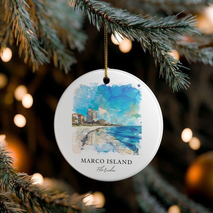 Marco Island Florida white holiday ornament featuring a watercolor beach, turquoise Gulf waters, and sunny coastal views for festive décor.