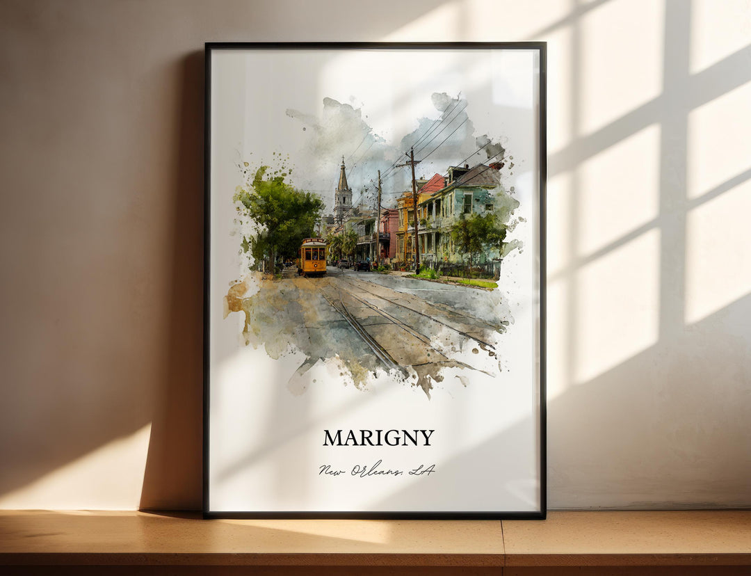 Marigny New Orleans watercolor wall art featuring colorful streets and iconic streetcar charm in a timeless décor print.