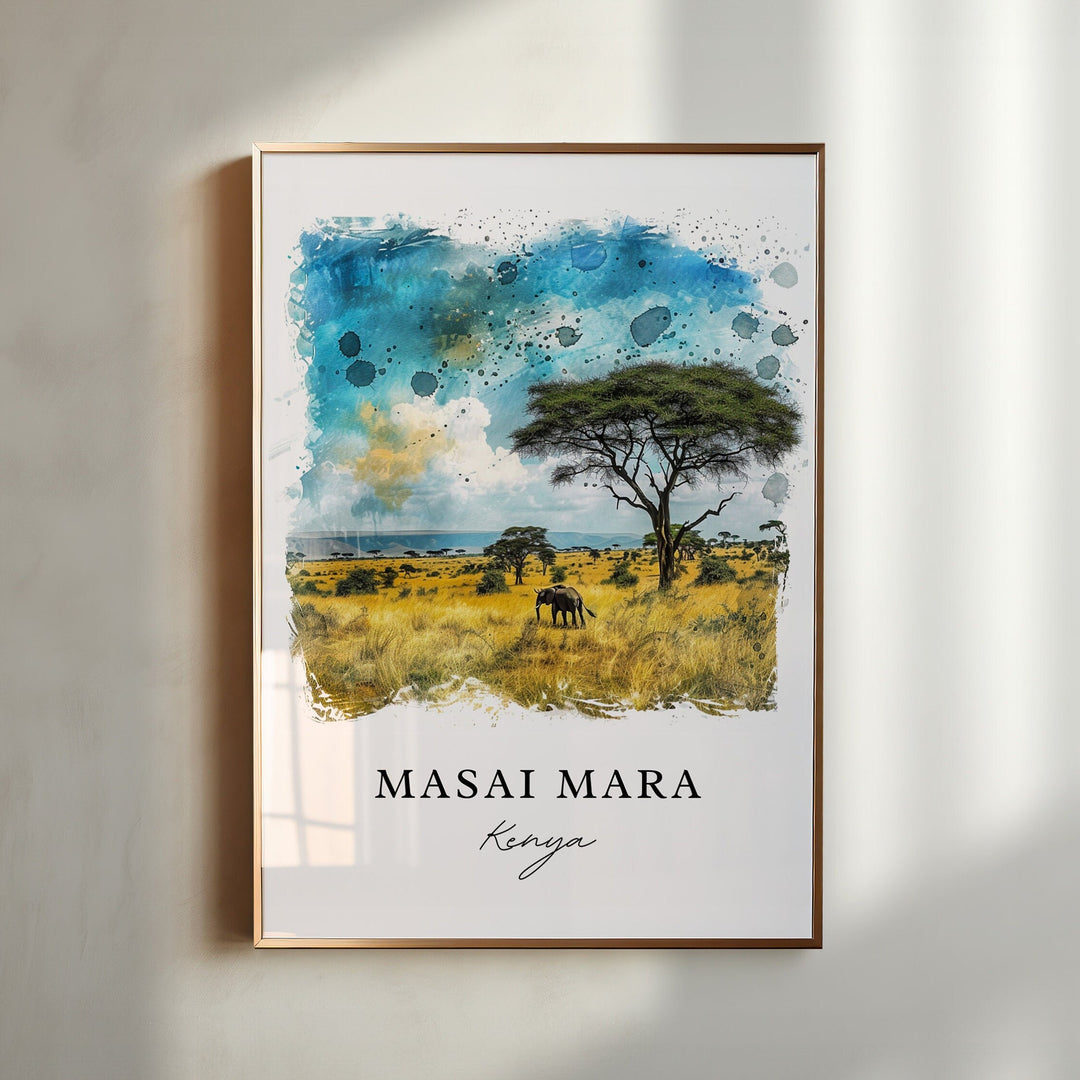 Masai Mara Kenya watercolor wall art in a gold frame featuring open savanna grasslands, graceful acacia trees, and an elephant beneath bright blue skies.