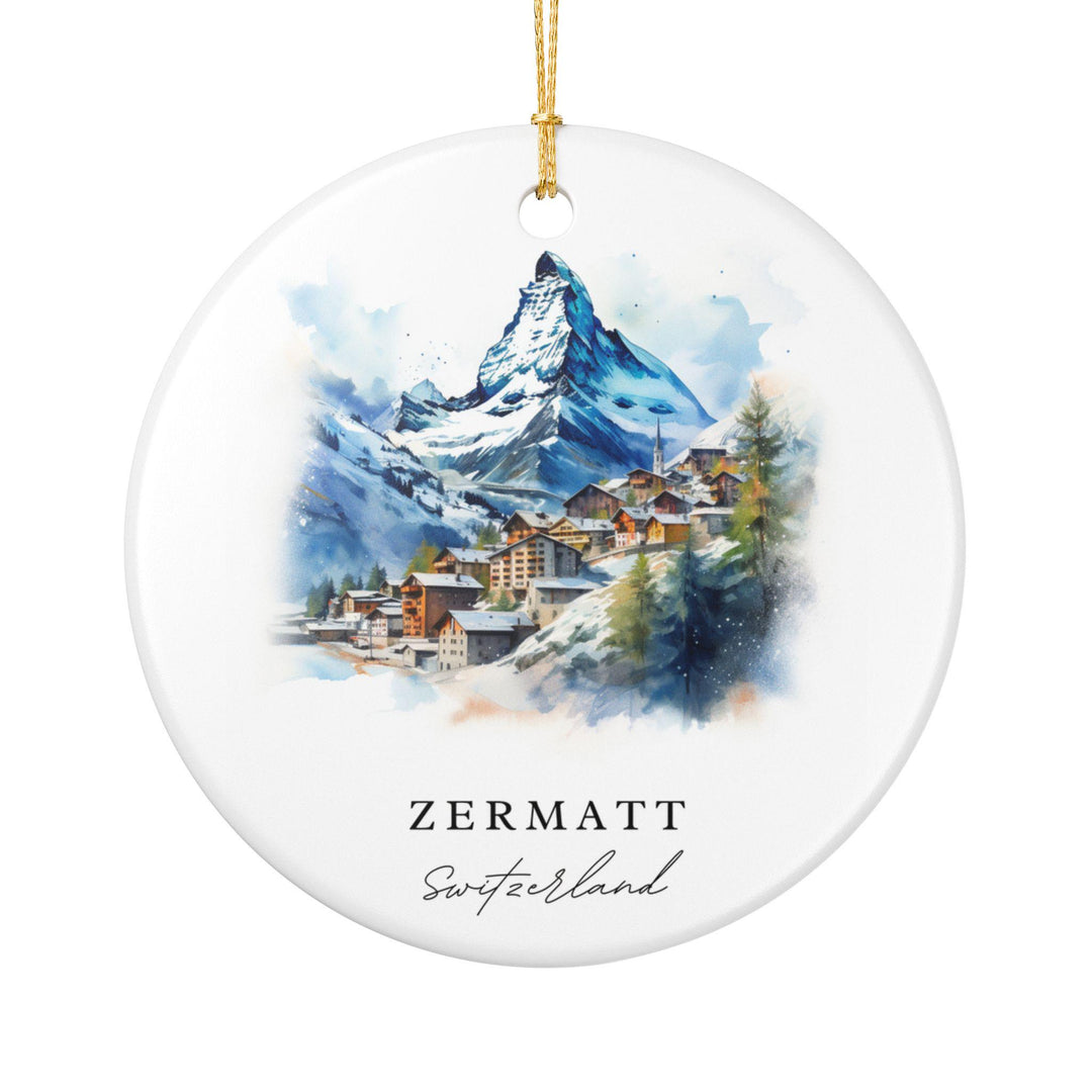 White ceramic Matterhorn Zermatt Village holiday ornament featuring the iconic alpine peak above a charming Swiss mountain village, a beautiful Switzerland keepsake.