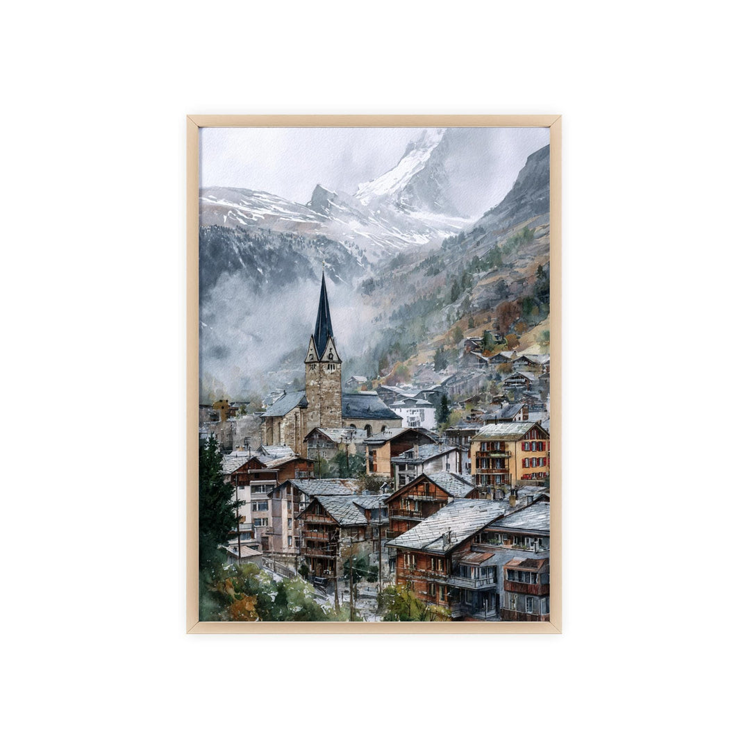 Watercolor Matterhorn Zermatt Village wall art in a light wood frame featuring the iconic alpine peak rising above the historic church and charming Swiss village, a beautiful Switzerland landscape print.