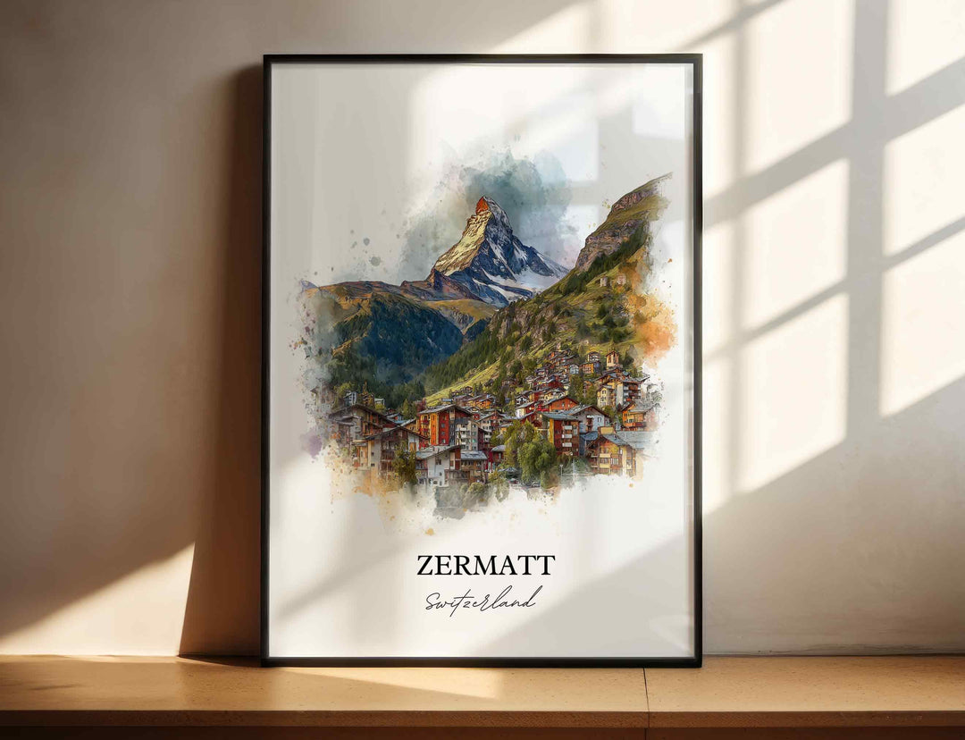 Watercolor Matterhorn Zermatt Village wall art in a black frame featuring the iconic alpine peak rising above the charming Swiss mountain village, a stunning Switzerland landscape print.