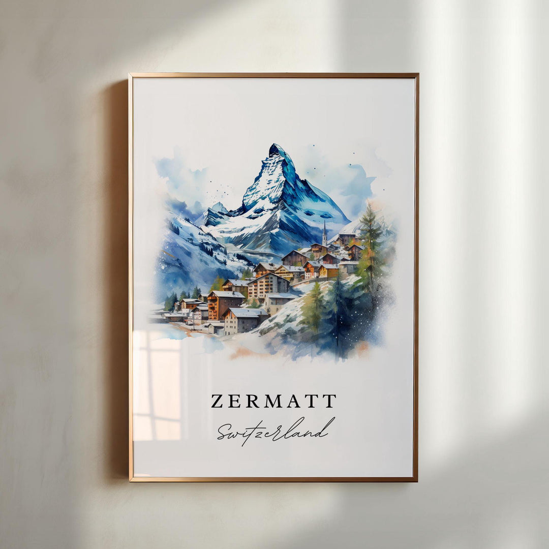 Watercolor Matterhorn Zermatt wall art in a light wood frame featuring the iconic alpine peak above the snowy Swiss village, a beautiful Switzerland landscape print.
