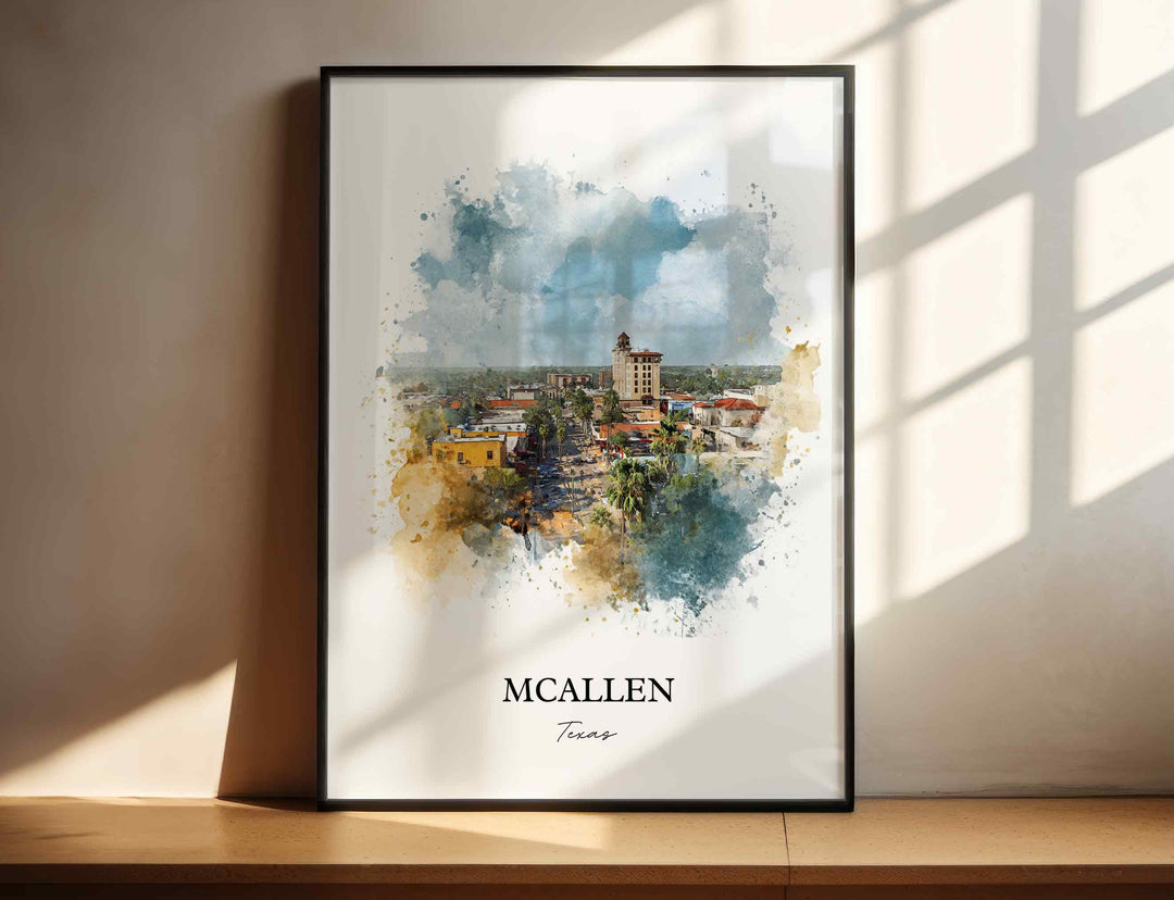McAllen Texas watercolor wall art in a black frame featuring a downtown skyline, palm-lined streets, warm earth tones, and soft blue watercolor skies.