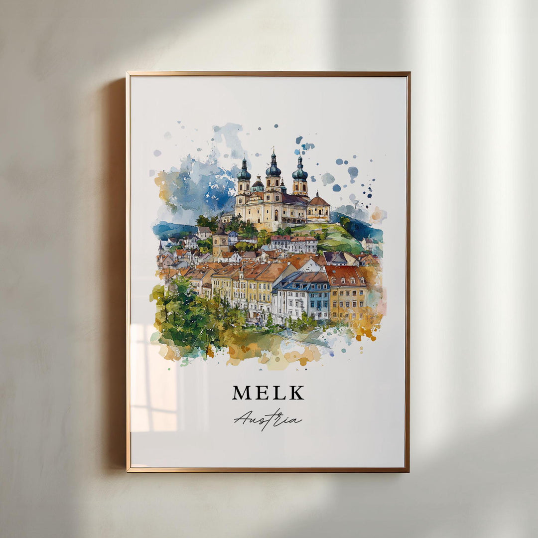 Melk Austria watercolor wall art in a gold frame featuring the hilltop abbey above the historic town with soft blue and warm earth tones.