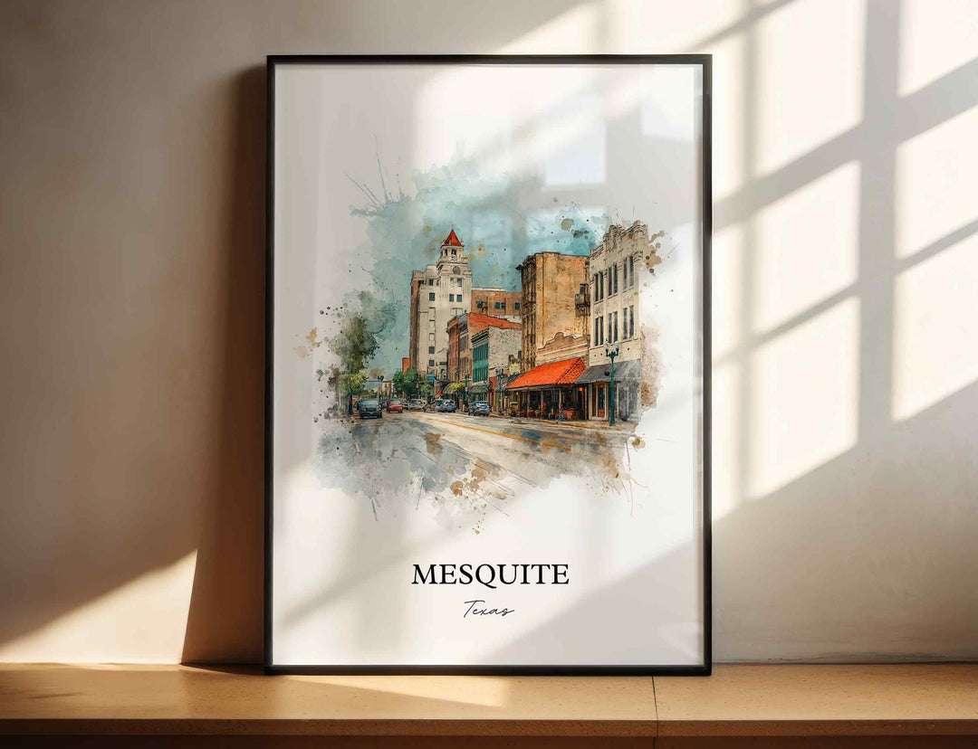 Mesquite Texas watercolor wall art in a black frame featuring historic downtown buildings, classic architecture, warm brick tones, and soft blue watercolor skies.
