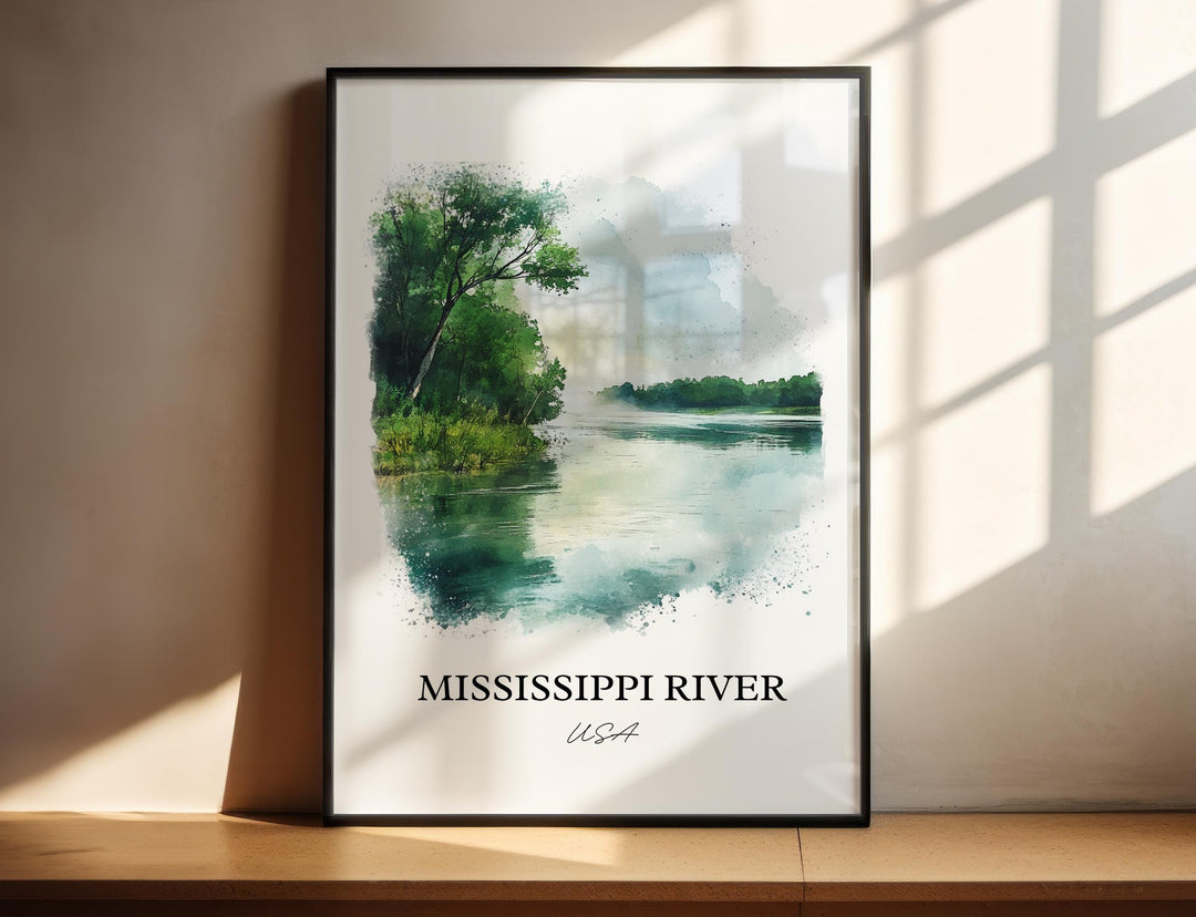 Mississippi River watercolor wall art featuring tranquil waters and lush riverbanks in a timeless landscape print for rustic décor.