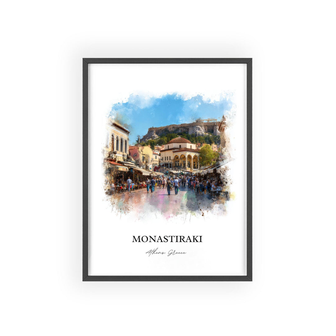 Monastiraki Athens Greece watercolor wall art in a black frame captures the lively square beneath the Acropolis with vibrant city charm. 