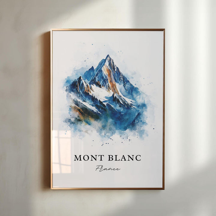 Mont Blanc France watercolor wall art in a gold frame featuring the iconic snowcapped peak with dramatic alpine ridges in brilliant blue and white tones.