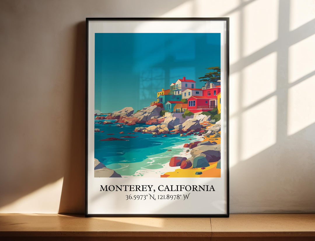 Colorful seaside cottages perched above a rugged Pacific shore.