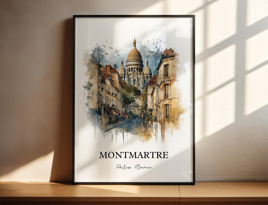 Montmartre Paris France watercolor wall art featuring Sacré-Cœur Basilica, charming streets, and timeless Parisian architecture.