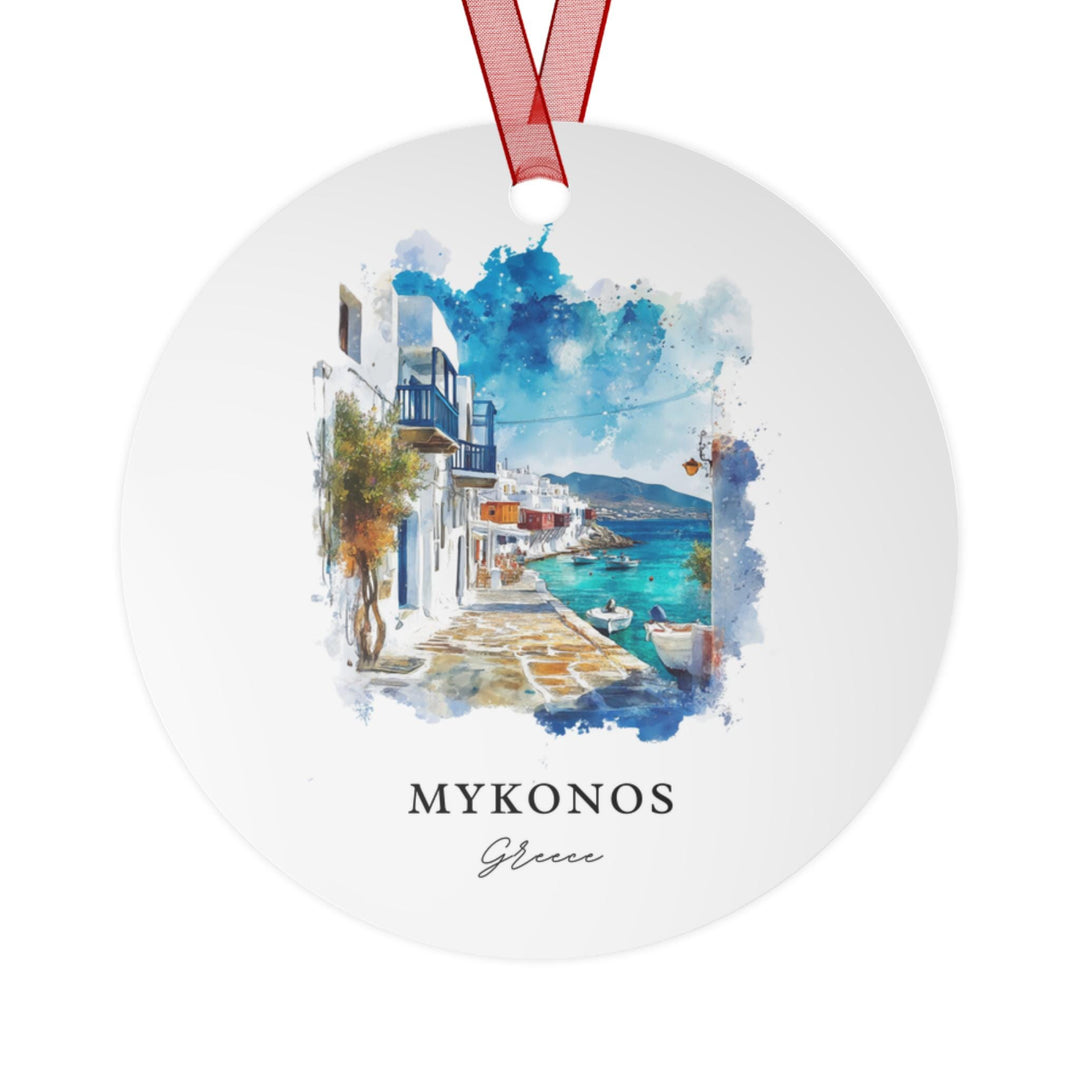 Mykonos Greece holiday ornament with a white ceramic finish featuring iconic whitewashed buildings, turquoise waters, and a red hanging ribbon.