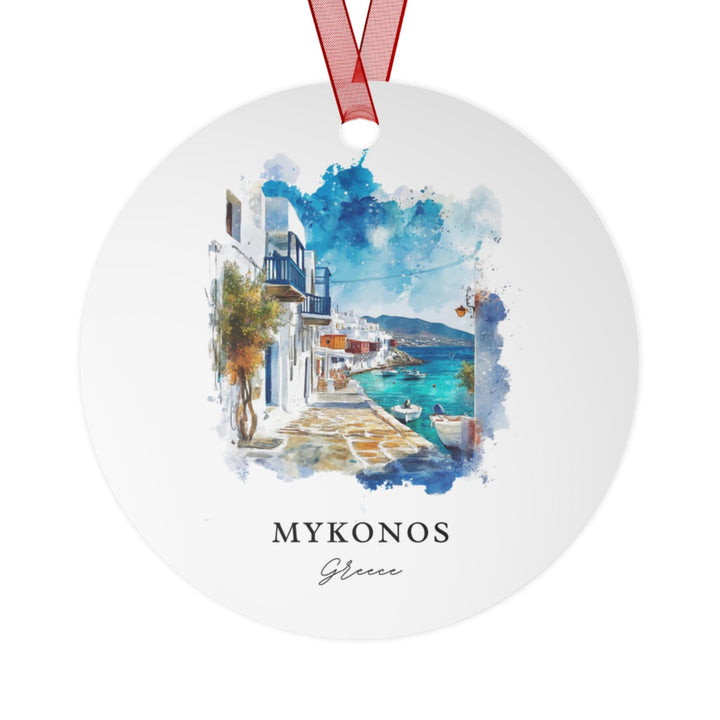 Mykonos Greece holiday ornament with a white ceramic finish featuring iconic whitewashed buildings, turquoise waters, and a red hanging ribbon.