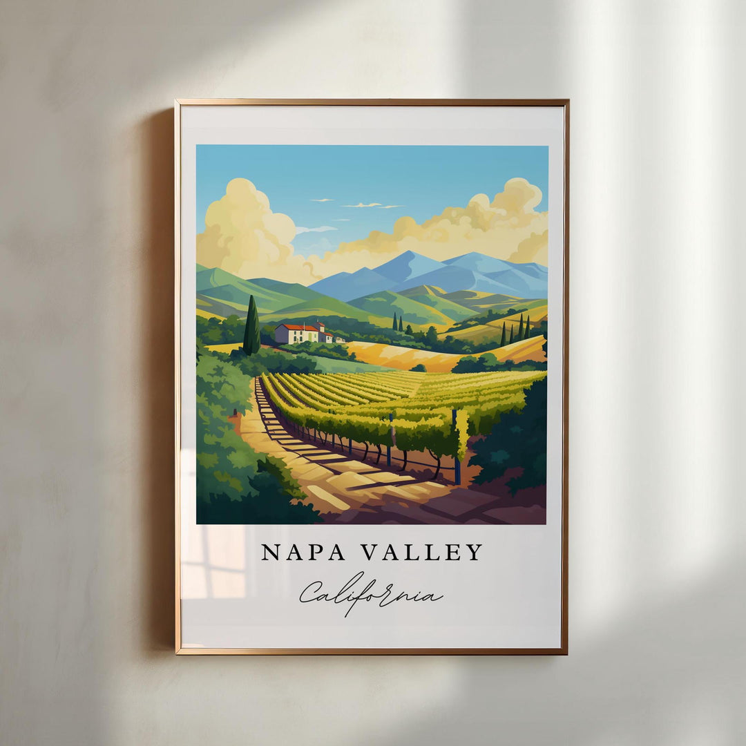 Napa Valley California vineyard wall art in a gold frame featuring rolling vineyards, golden hills, cypress trees, and a vibrant wine country landscape.