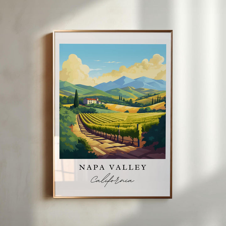 Napa Valley California vineyard wall art in a gold frame featuring rolling vineyards, golden hills, cypress trees, and a vibrant wine country landscape.