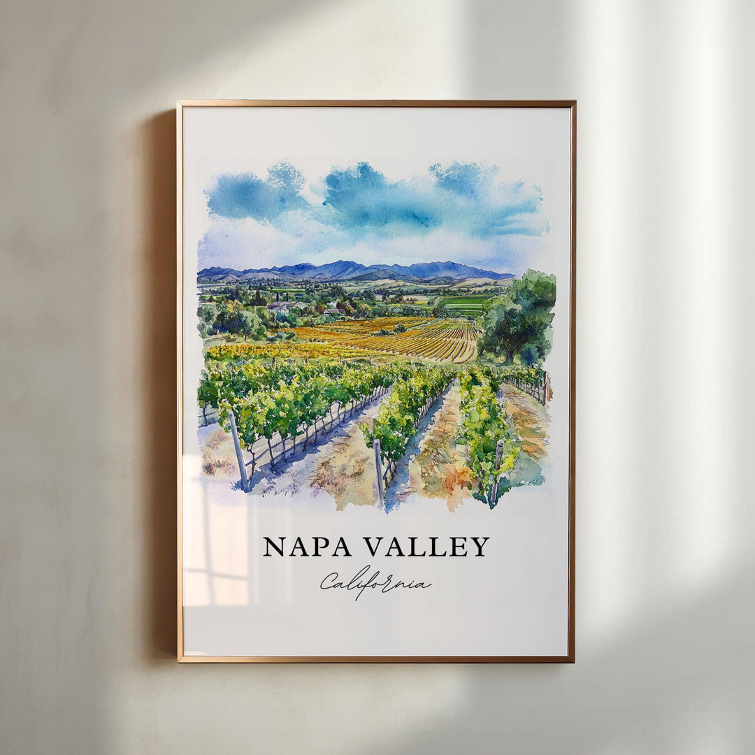 Napa Valley California watercolor wall art in a gold frame featuring lush vineyard rows, rolling hills, distant mountains, and vibrant wine country landscapes.