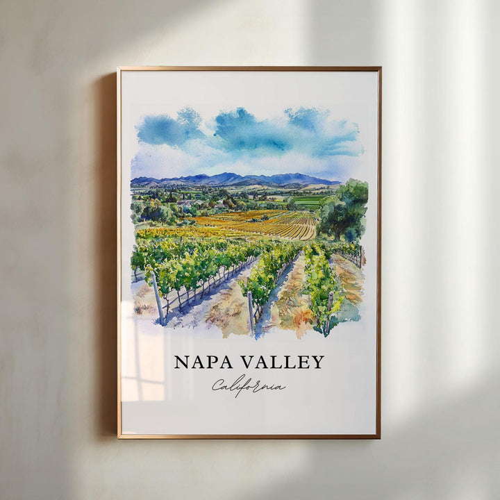 Napa Valley California watercolor wall art in a gold frame featuring lush vineyard rows, rolling hills, distant mountains, and vibrant wine country landscapes.