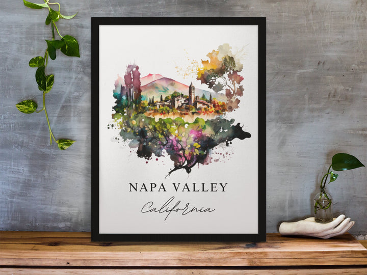 Napa Valley California watercolor wall art in a black frame featuring vineyard landscapes, rustic wineries, colorful trees, and scenic mountain views.