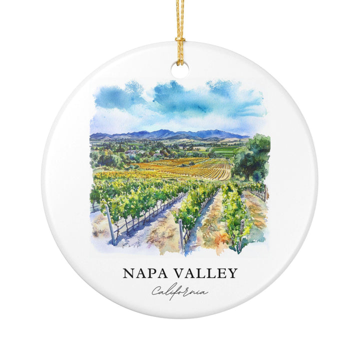 Napa Valley California white holiday ornament featuring watercolor vineyards, rolling hills, and scenic wine country under a bright blue sky.