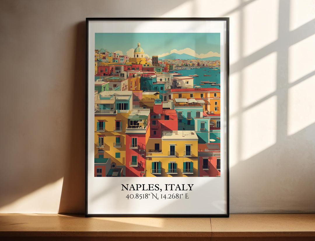 Watercolor Naples Bay Cityscape wall art in a black frame featuring colorful buildings, the Bay of Naples, and classic Italian architecture.