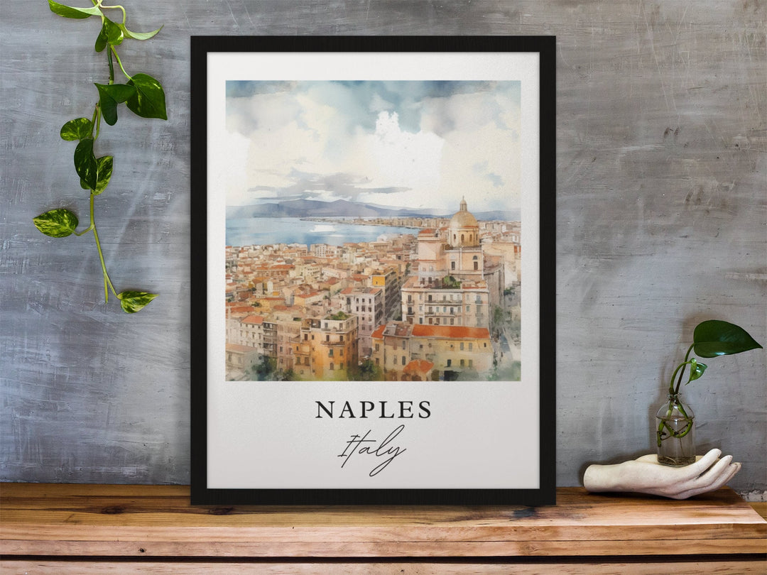Watercolor Naples Historic Cityscape wall art in a black frame featuring the Bay of Naples, classic architecture, and a sweeping Italian skyline.