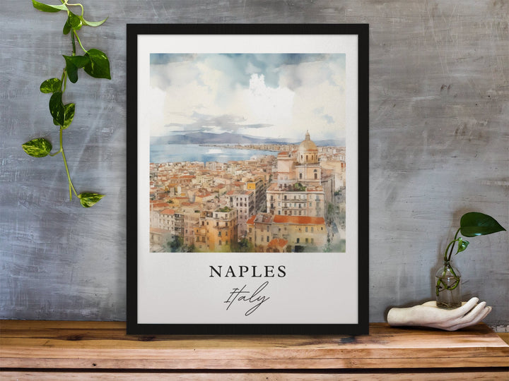 Watercolor Naples Historic Cityscape wall art in a black frame featuring the Bay of Naples, classic architecture, and a sweeping Italian skyline.