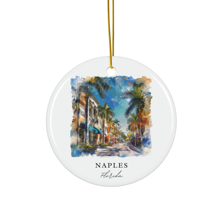White ceramic Naples Fifth Avenue South holiday ornament featuring palm-lined streets, colorful storefronts, and sunny downtown Florida charm.