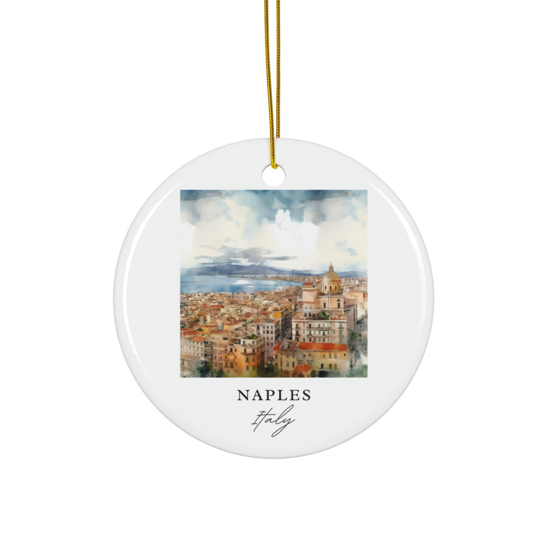 Naples Italy ceramic ornament with a white finish features a watercolor city skyline overlooking the Bay of Naples for a beautiful travel keepsake.