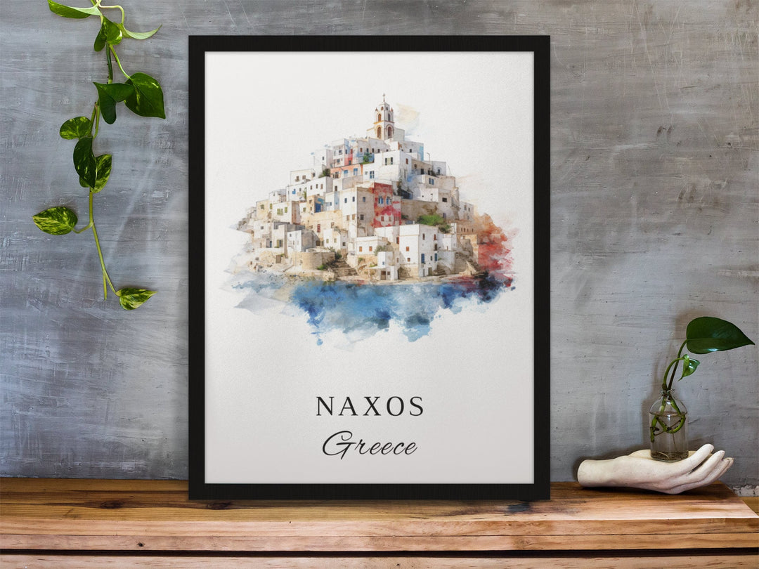Naxos Greece watercolor wall art in a black frame featuring whitewashed hillside homes, a charming hilltop church, and soft coastal blue accents.