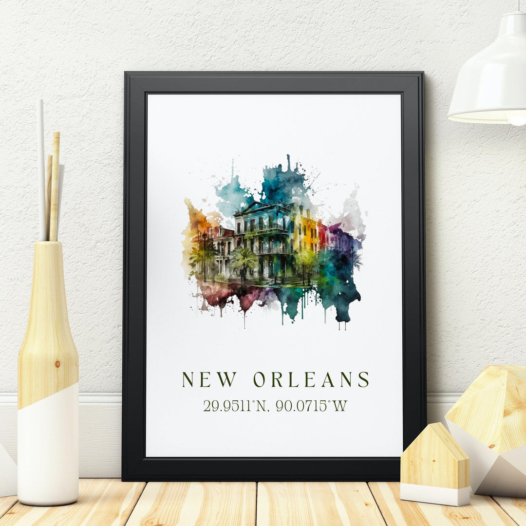 New Orleans coordinates watercolor wall art featuring colorful French Quarter architecture in a timeless Louisiana décor print.
