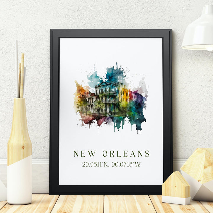 New Orleans coordinates watercolor wall art featuring colorful French Quarter architecture in a timeless Louisiana décor print.
