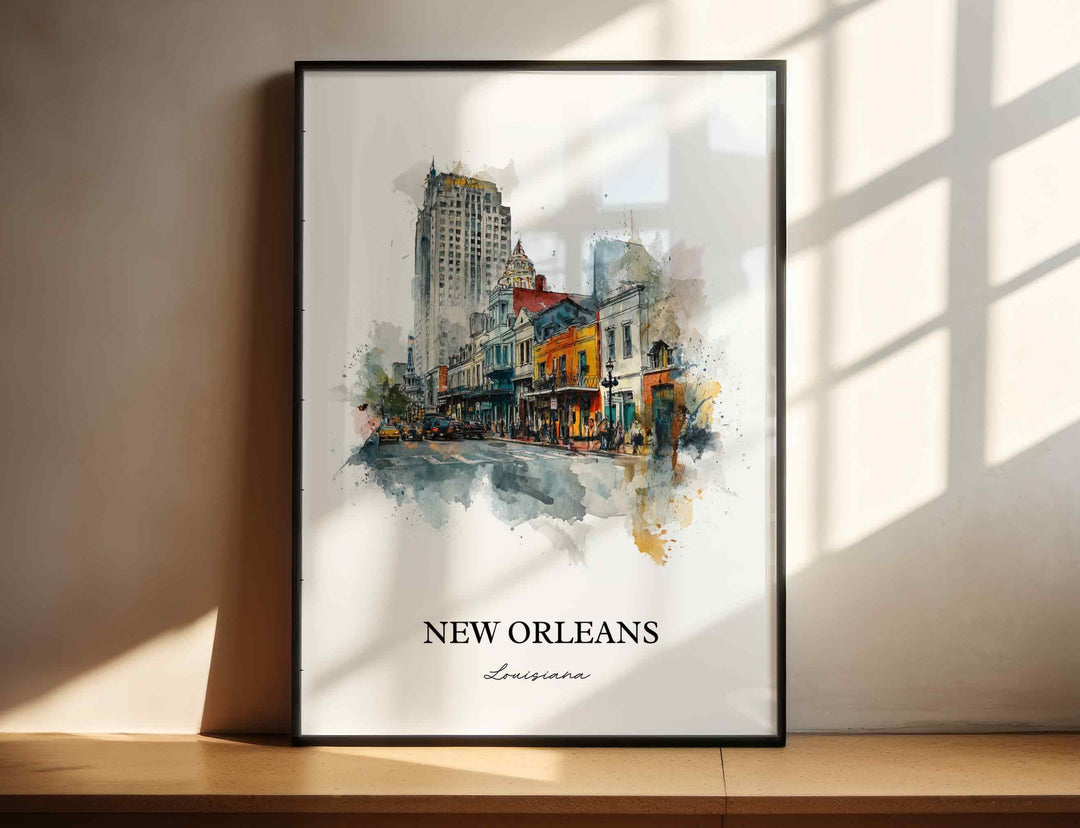 New Orleans Louisiana watercolor wall art featuring the French Quarter and historic streets in a timeless print for home décor.