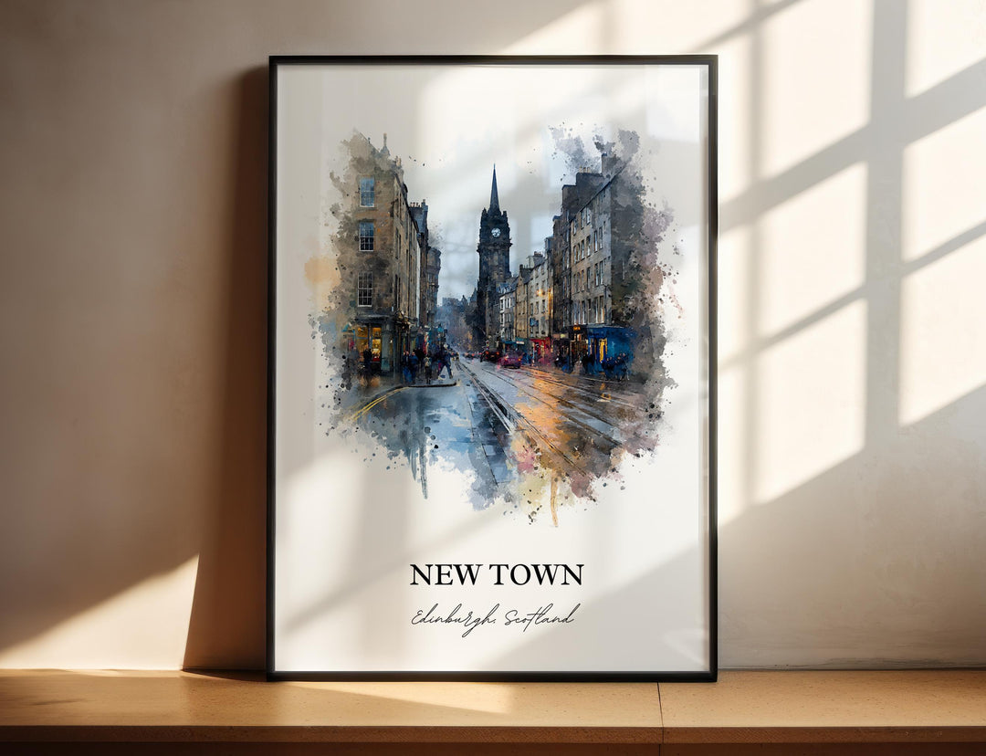 Elegant New Town Edinburgh Scotland watercolor painting featuring the historic streets, iconic Balmoral Clock Tower, and classic Georgian architecture.