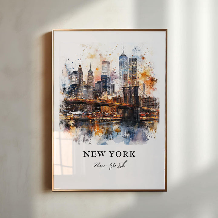 Gold framed New York City watercolor wall art featuring the Brooklyn Bridge and Lower Manhattan skyline in warm evening colors and artistic detail.