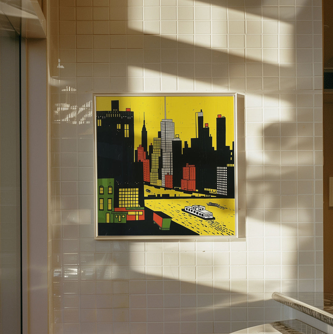 New York City wall art in a white frame featuring a bold skyline and ferry crossing the river, adding vibrant urban charm to any room.