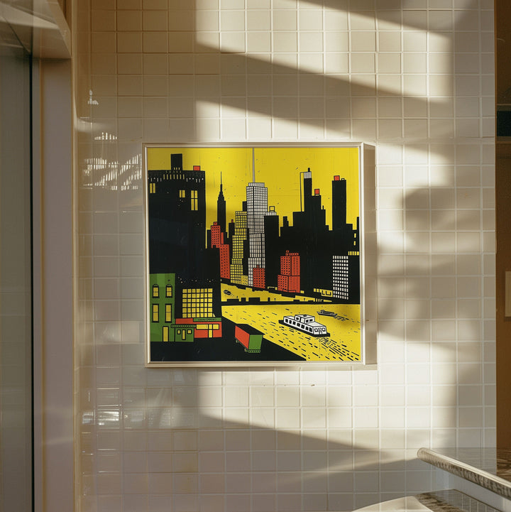 New York City wall art in a white frame featuring a bold skyline and ferry crossing the river, adding vibrant urban charm to any room.