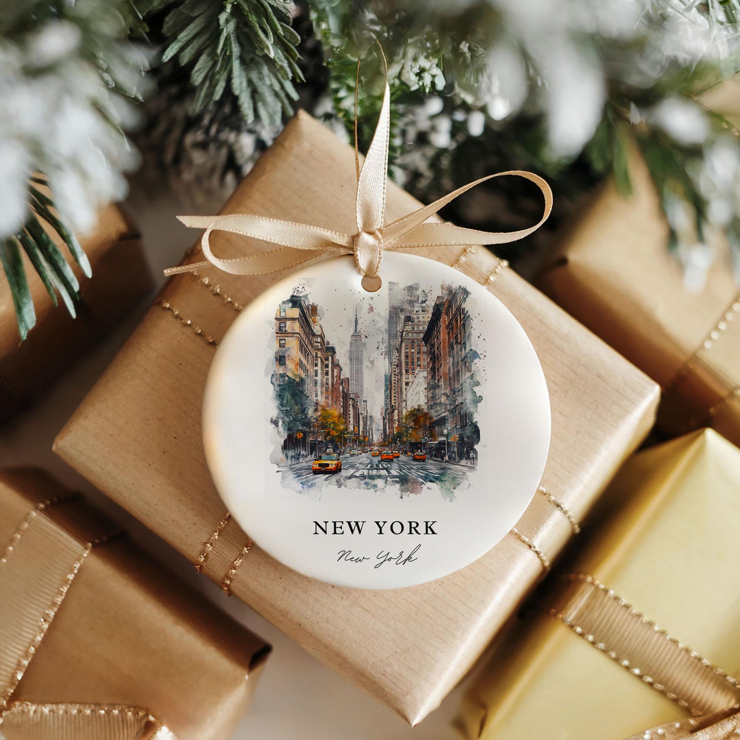 New York City white holiday ornament featuring a watercolor street scene with the Empire State Building, perfect for festive holiday décor.