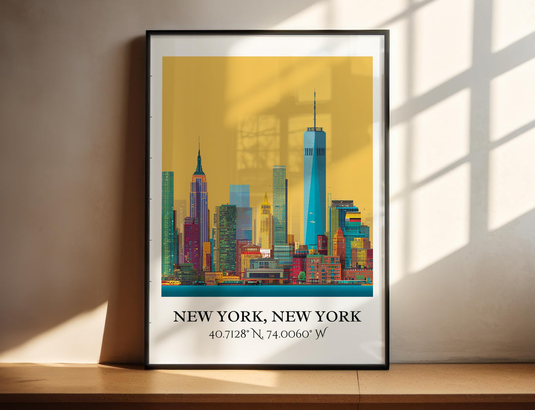 Black framed New York, New York skyline wall art featuring the iconic Manhattan skyline with One World Trade Center in bold modern colors.